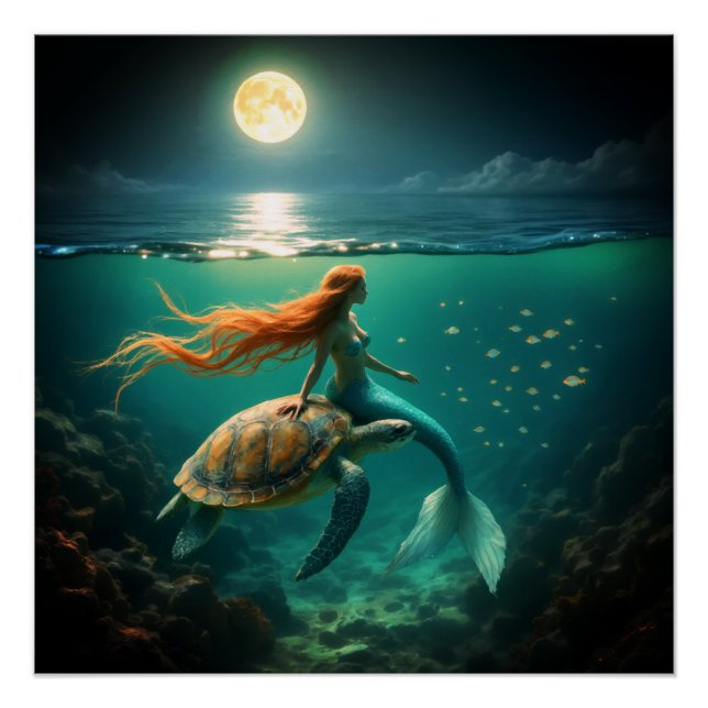 Sirena y Poster brillante de tortuga marina (Anverso)