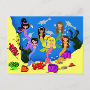 Sirenas en el océano con tarjeta postal de delfine