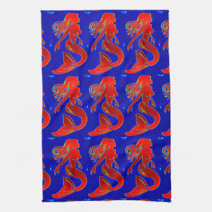 sirenas rojas en la toalla de cocina azul