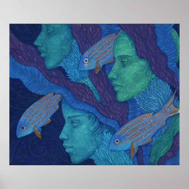 Sirenas y peces, arte surrealista de fantasía, baj (Frente)