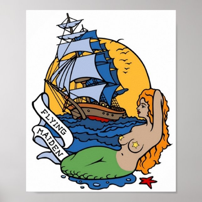 Sirenita de soltera voladora, arte de tatuaje de b (Frente)