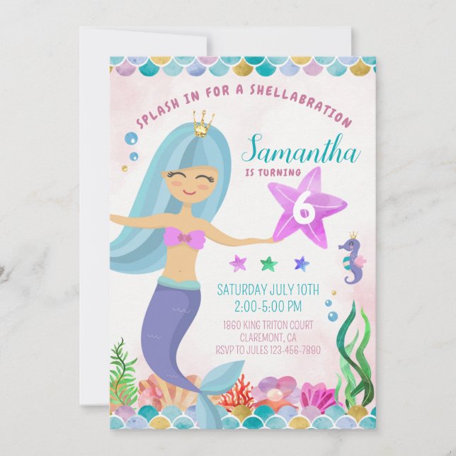 Sirenita mágica bajo la invitación al cumpleaños d (Anverso)