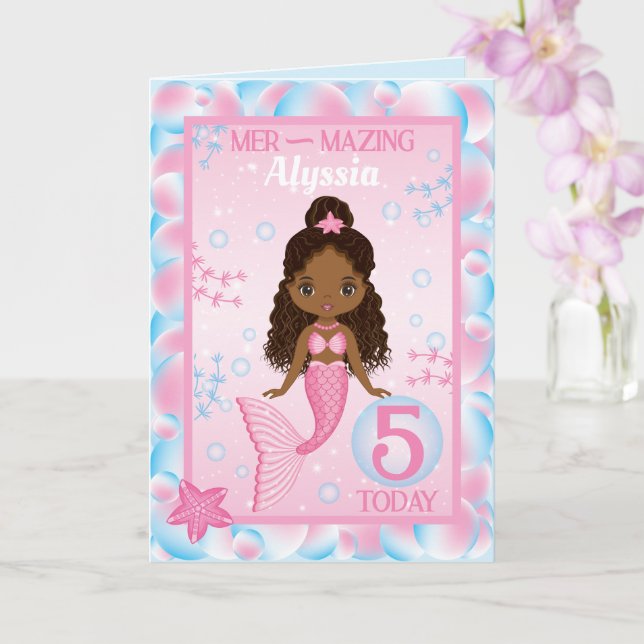 Sirenita negra de 5 años | Tarjeta de cumpleaños f (Orquídea)