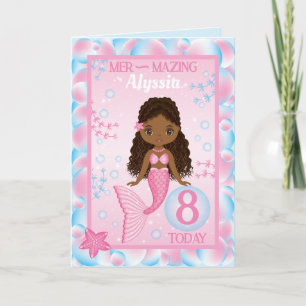 Sirenita negra de 8 años   Tarjeta de cumpleaños f