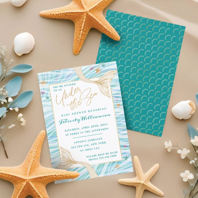 Sirvienta bajo el mar Invitación a Baby Shower (Sleek Mermaid Under The Sea Baby Shower Invitation)