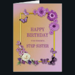 Sister Flowday Birthday y Butterflies<br><div class="desc">Una preciosa tarjeta de cumpleaños floral para una hermanita. Flores y mariposas en un marco dorado.Un tema lila le da un ambiente relajado y lujoso. Una tarjeta maravillosa para darle a alguien que usted cuida en su cumpleaños.</div>