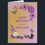 Sister Flowday Birthday y Butterflies<br><div class="desc">Una preciosa tarjeta de cumpleaños floral para una hermanita. Flores y mariposas en un marco dorado.Un tema lila le da un ambiente relajado y lujoso. Una tarjeta maravillosa para darle a alguien que usted cuida en su cumpleaños.</div>