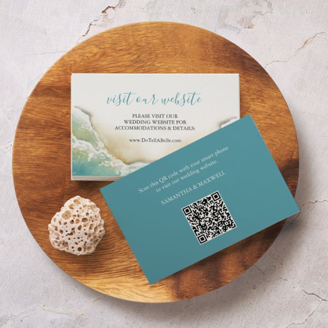 Sitio web Boda costero Insertar tarjeta azul turqu (Beach wedding website card watercolor seashore art by Victoria Grigaliunas of Do Tell A Belle)