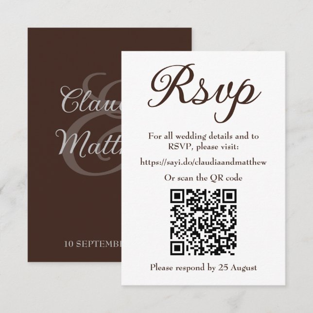 Sitio web de boda Espresso con código QR para RSVP (Anverso / Reverso)