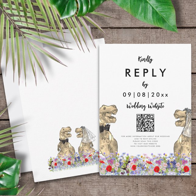Sitio web de respuesta para boda con tema de dinos (T-Rex bride and groom and colorful wildflowers Dinosaur wedding reply enclosure card with QR code)