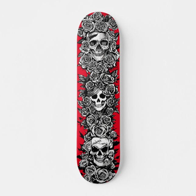 Skateboard 3 skull Faces with roses Goth Punk Art drawings (Anverso )