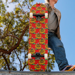 Skateboard Abeja en diseño de patrón de flor de girasol rojo