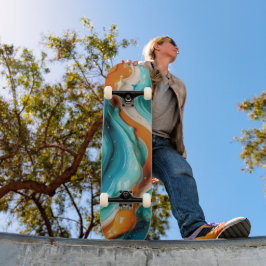 Skateboard Abstract Swirling Teal and Orange Glossy Fluid