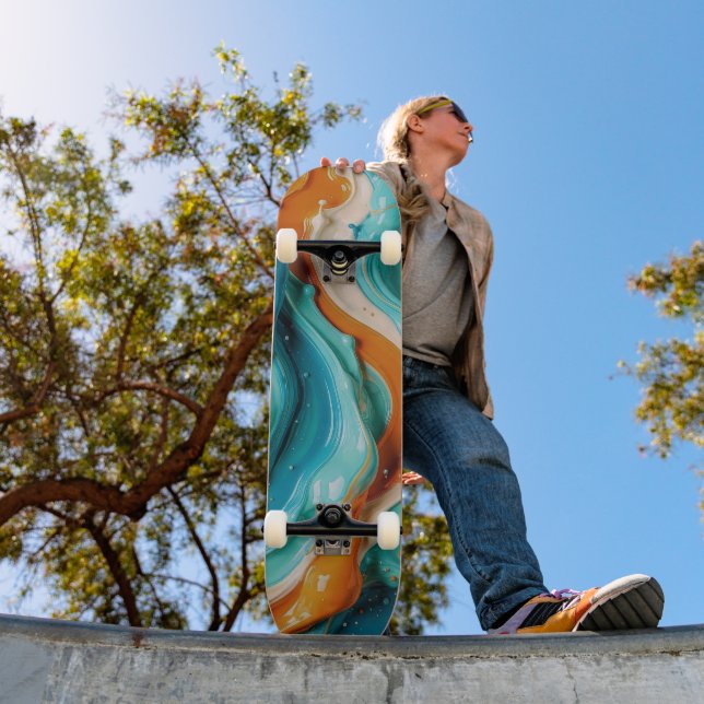 Skateboard Abstract Swirling Teal and Orange Glossy Fluid  (Exterior 1)
