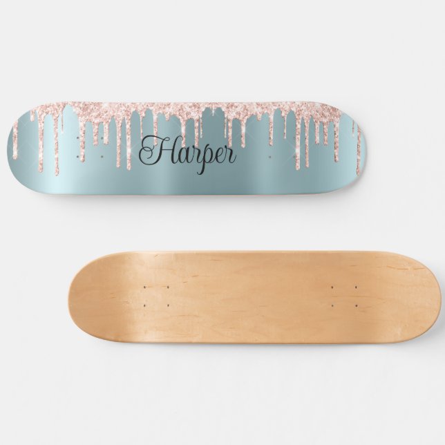 Skateboard Acabado de satén verde azul con goteo de Purpurina (Horz)
