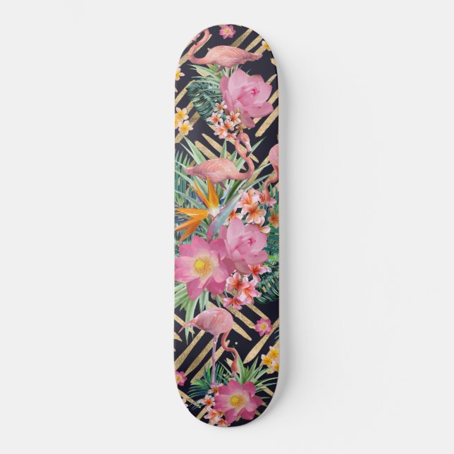 Skateboard Accidentes tropicales florales, flamencos y dorado (Anverso)