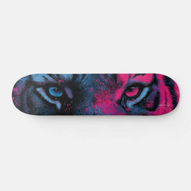 Skateboard Acercamiento azul neón y rosado de los ojos tigres (Horz)