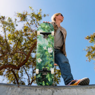 Skateboard Acuarela Botánica Flores Blancas Hojas Verdes