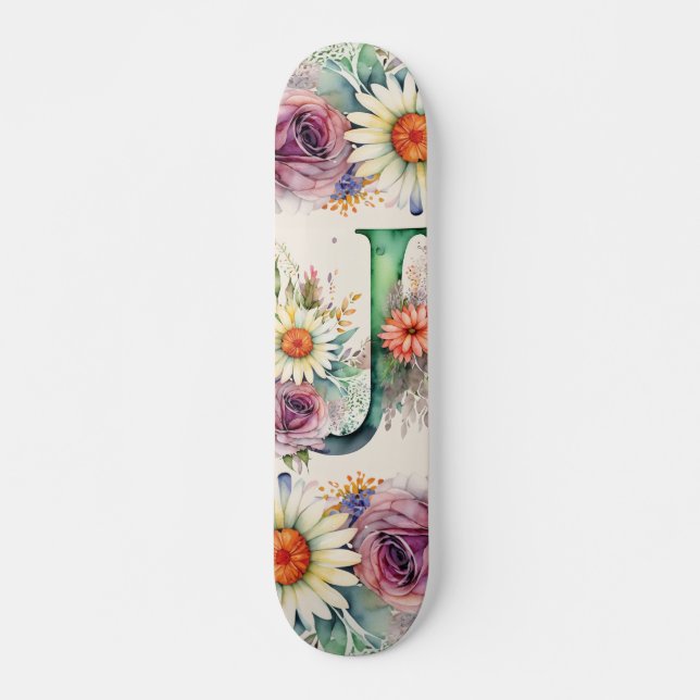 Skateboard Acuarela Floral Pastel Monograma J Flores Daisy (Anverso )