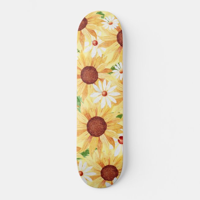 Skateboard Acuarela Girasol amarillo y margarita (Anverso)