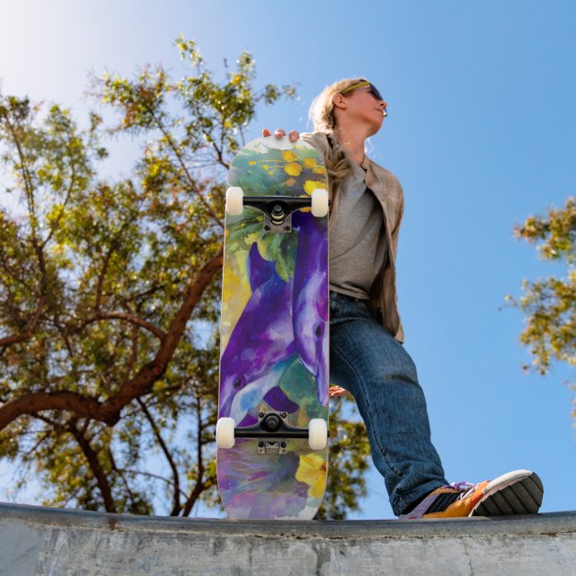 Skateboard Acuarela Océano Delfines Flores Tropicales (Exterior 1)