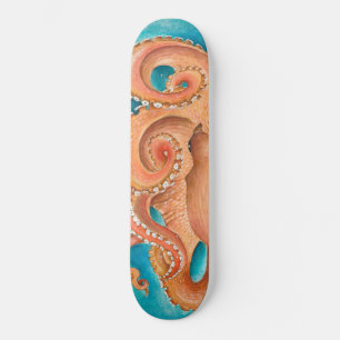 Skateboard Acuarela Verde azulada Octopus naranja