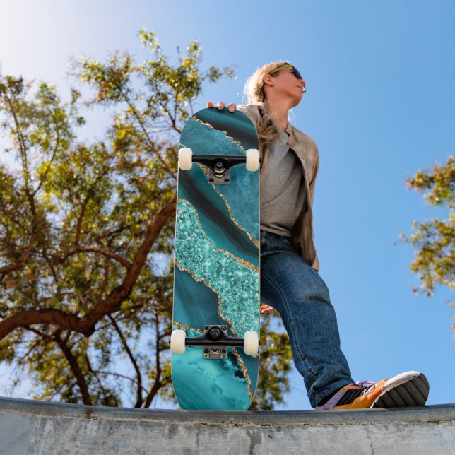 Skateboard Agate Verde azulado Purpurina de oro azul Marble A (Exterior 1)