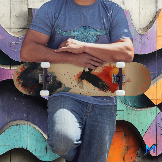 Skateboard Águila Audaz en Cielo Fiery Sobre Montañas, Retro  (Subido por el creador)
