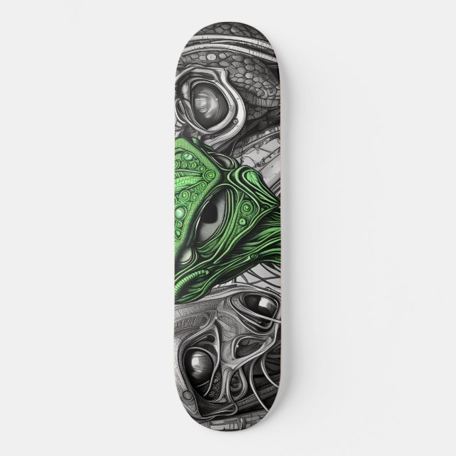 Skateboard Alien verde con fondo de líneas de degeneración (Anverso)