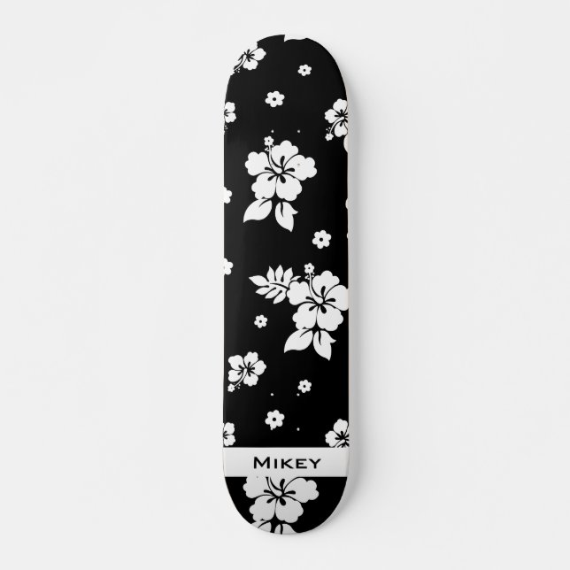 Skateboard Aloha Black Classic Patrón Hawái sin foco (Anverso )