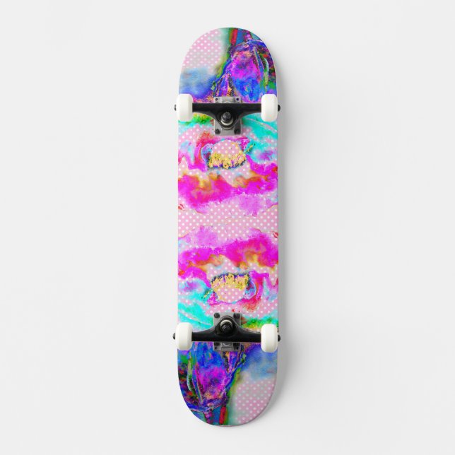 Skateboard Amapola rosa con lunares rosas y blancos (Anverso)