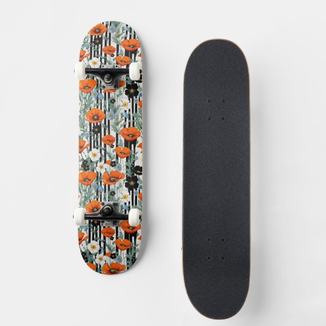 Skateboard Amapolas de California naranjas rayas negras flora (Anverso)