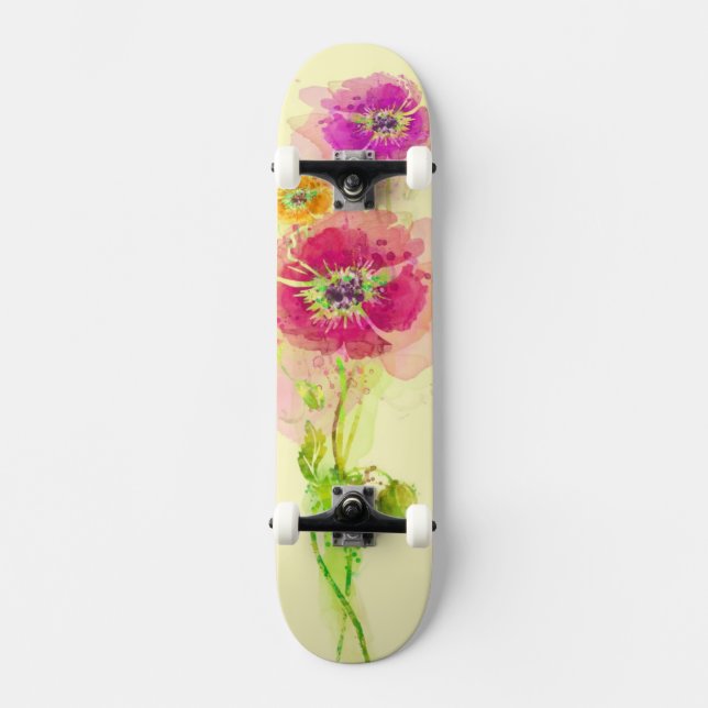 Skateboard Amapolas pintadas 2 de la acuarela (Anverso)