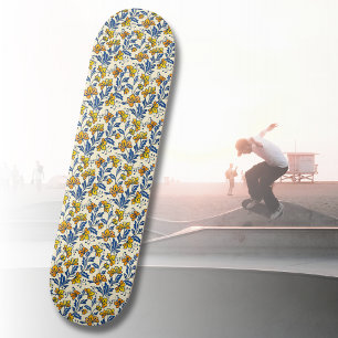 Skateboard Amarillo Naranja Floral Folclórico Azul Hoja Vinta