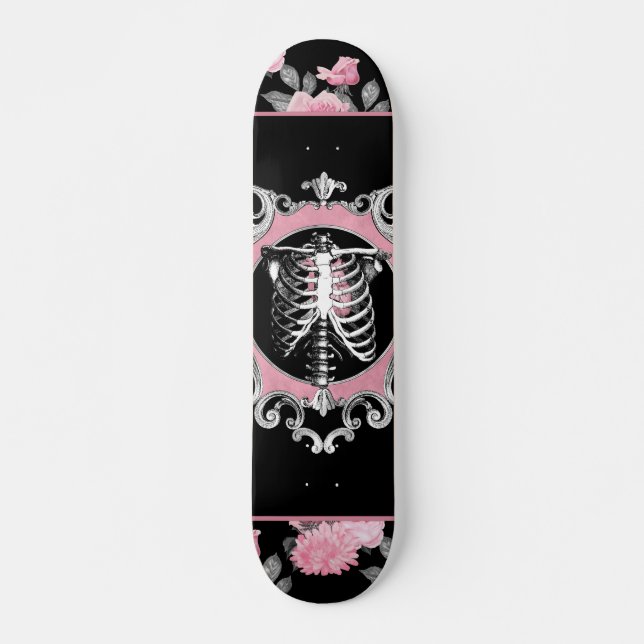 Skateboard Amor gótico | Floral cardíaca rosa y negra de esqu (Anverso )