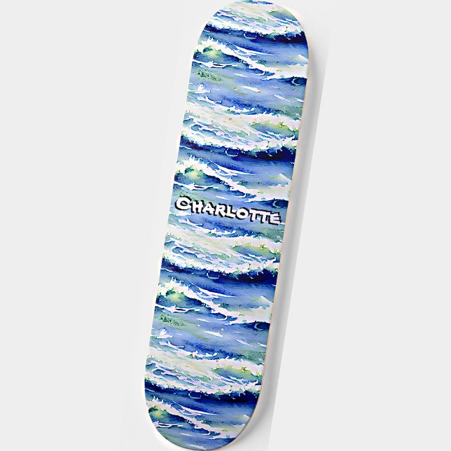 Skateboard Añadir nombre, azul de olas oceánicas (Subido por el creador)