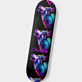 Skateboard Añadir nombre, Lobo de neón azul rosado