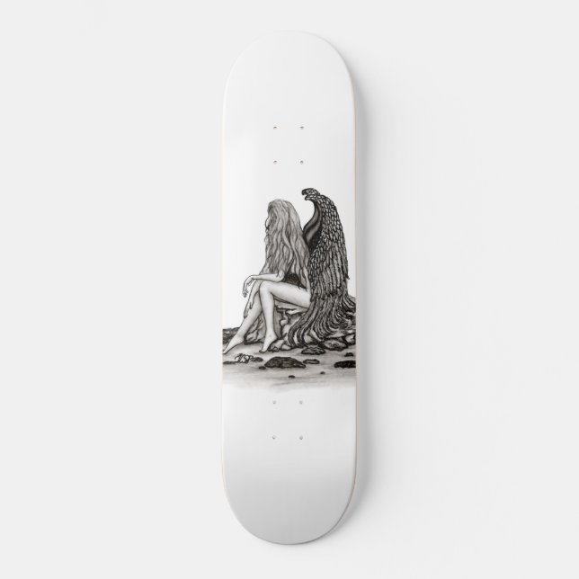 Skateboard Ángel, perdido en el pensamiento, diseño blanco y  (Anverso)