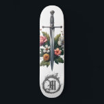 Skateboard *~* AP88 Incendio de Flor de Espada Medieval<br><div class="desc">(Código de búsqueda AP88 para encontrar elementos similares ) Transferir fácilmente a otros productos Zazzle. Skateboard de fondo BLANCO. DULCES MEDIEVALES para las capas de dragón con FLORES / elementos FLORALES y con ANILLO de FUEGO / LLAMAS / LLAMA y carta , MONOGRAMA INICIAL para su nombre - Mantenga o...</div>