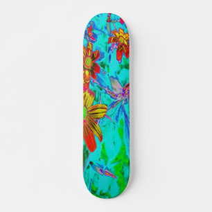 Skateboard Aqua Tropical con flores amarillas y Naranjas