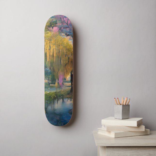 Skateboard Árbol salvaje dorado al atardecer junto al estanqu (Arte de la pared)