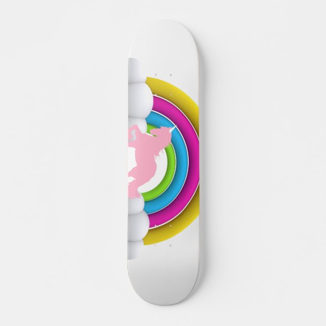 Skateboard Arco iris rosado feliz del unicornio en las nubes, (Anverso )