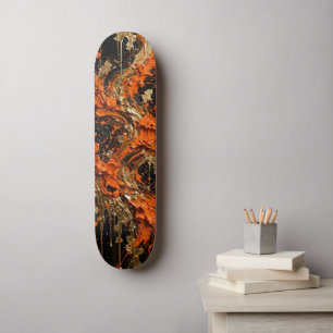 Skateboard Arte abstracto de fuego dorado negro naranja