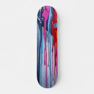 Skateboard Arte abstracto de goteo de pintura rosa, azul clar