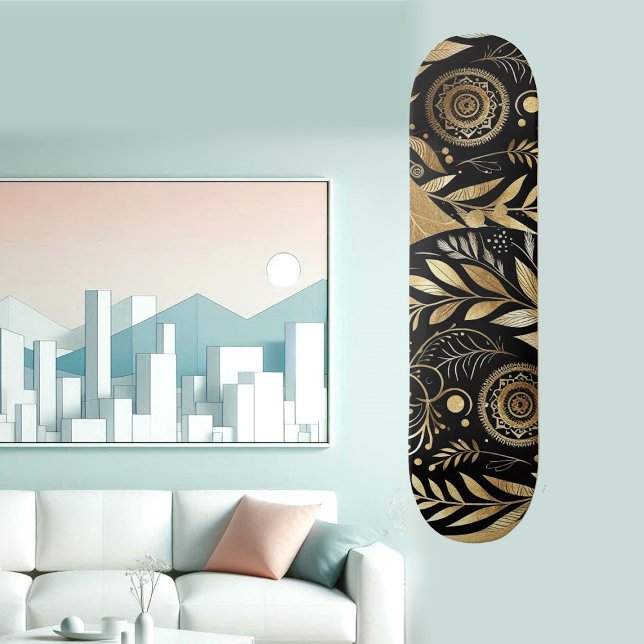 Skateboard Arte abstracto follaje dorado negro boho funky min (Abstract Art Gold Foliage Black Minimal Boho Funky Skateboard)