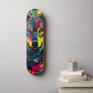 Skateboard Arte de grafiti neón con cara de lobo – Edición li