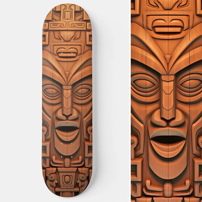 Skateboard Arte de madera de mascara Tiki en Tótem Hawaiano (Hawaiian Totem Tiki Mask Wood Art Skateboard)