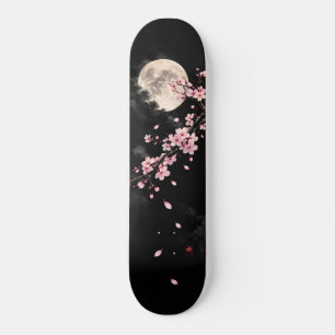 Skateboard Arte Floral Negro Luna Flor de Cerezo Japonesa