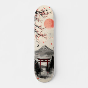 Skateboard Arte japonés con tinta lavada con Monte Fuji