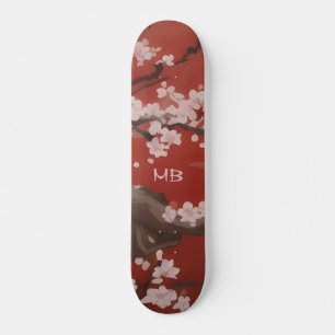 Skateboard Arte Japonés Estilo Flor de Cerezo Blanca Roja